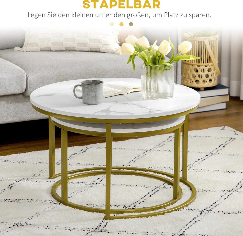HOMCOM Zestaw Stolików Pomocniczych, 2 Stoliki, Ø74 & Ø59 cm, Wygląd Marmuru, Rama w Kolorze Złota