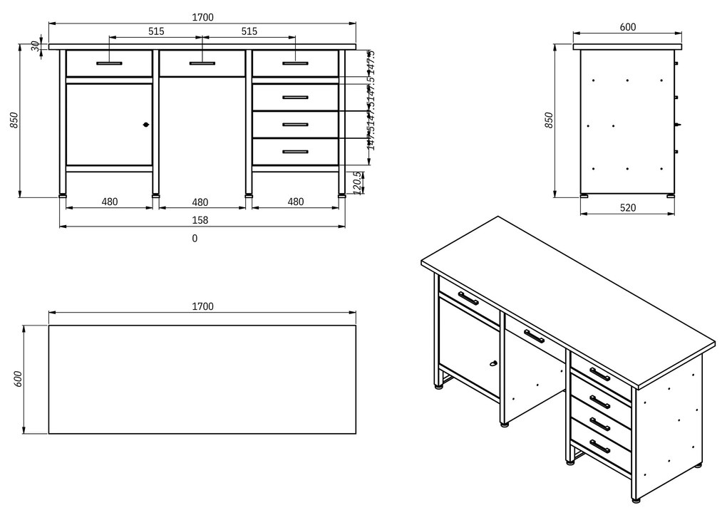 Stół warsztatowy FRANK, 1700 x 850 x 600 mm, antracytowo-niebieski