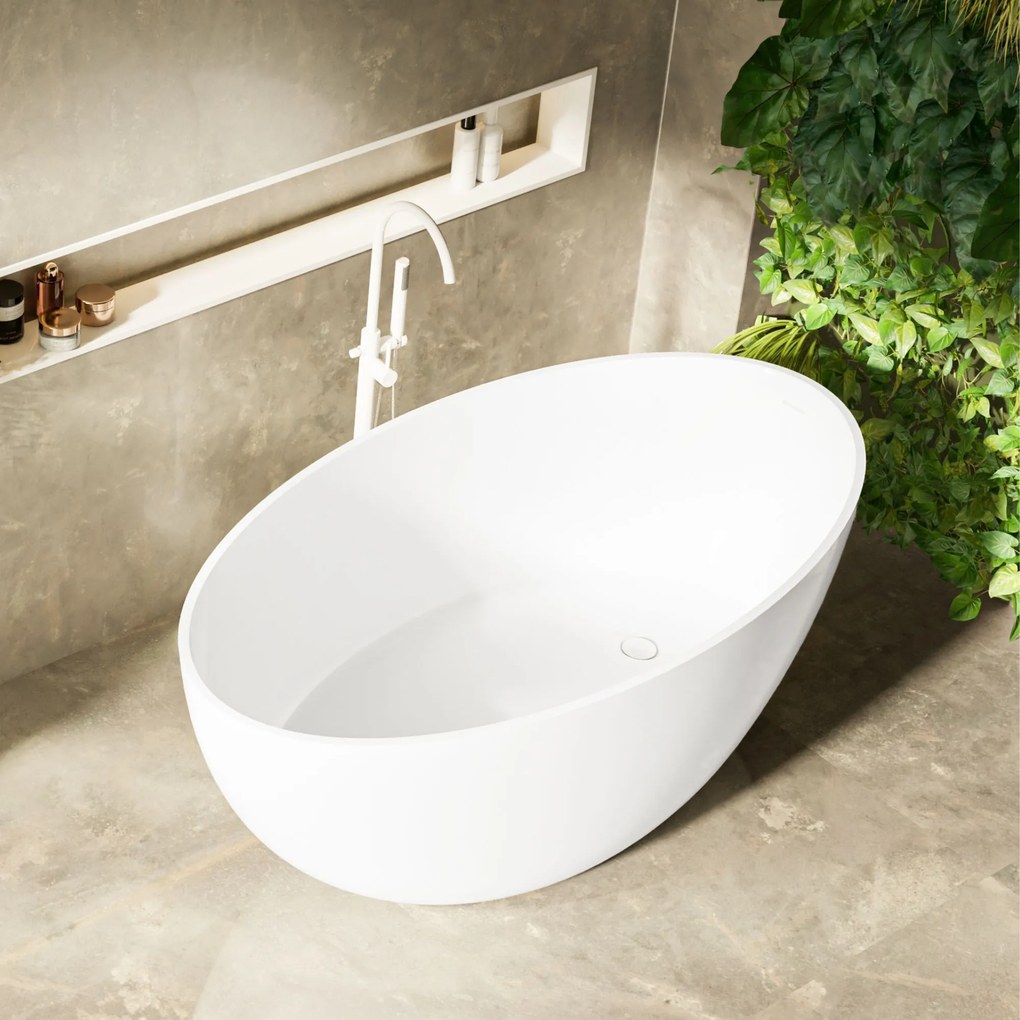 Wanna wolnostojąca owalna biała matowa z konglomeratu 160 x 85 cm KALMI MATT z przelewem typu SLIM cienki rant