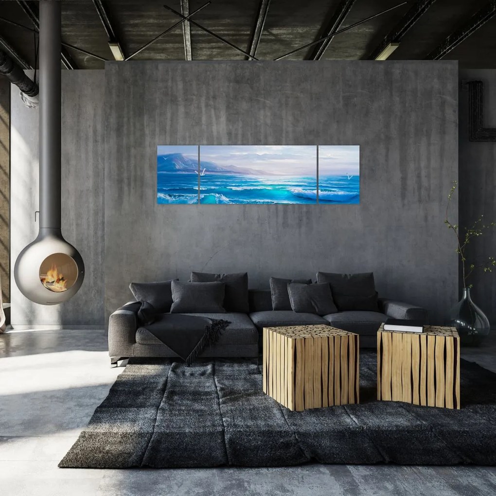 Obraz - Obraz olejny przedstawiający morze z mewami (170x50 cm)