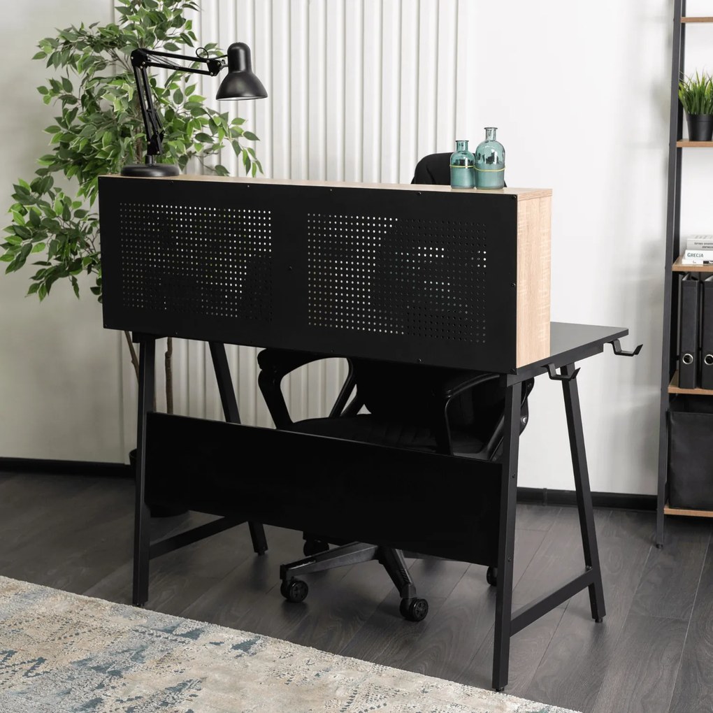 Biurko z nadstawką i tablicą perforowaną Ice 138,5 cm, czarny/dąb sonoma