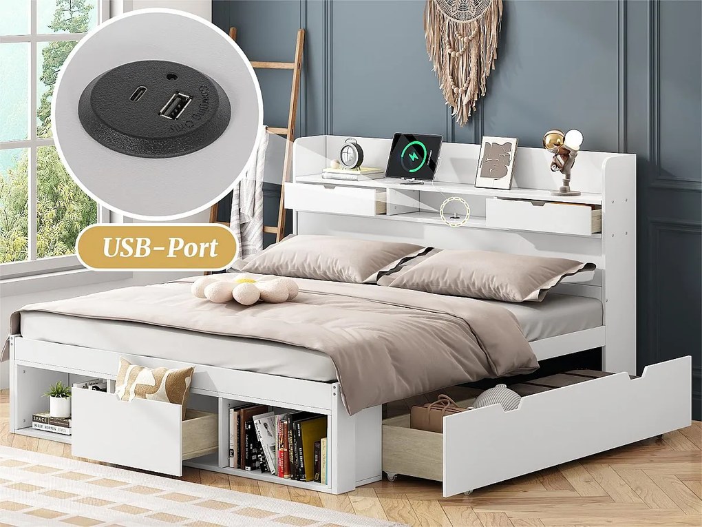 Łóżko dwuosobowe z MDF 180x200 cm - z portem do ładowania i wielofunkcyjnymi schowkami - Białe