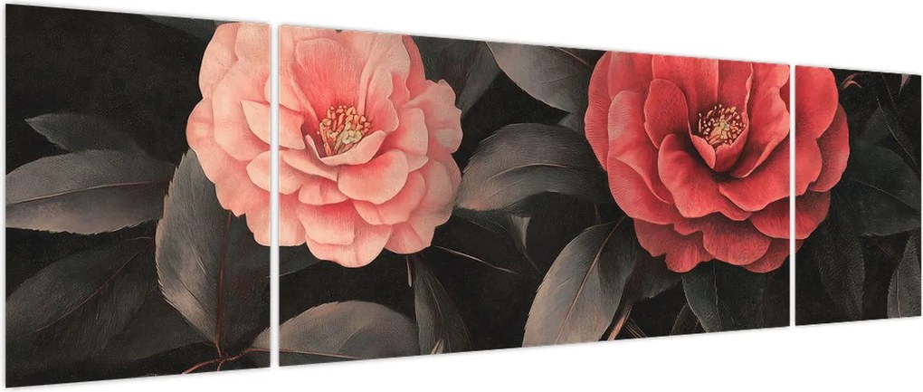 Obraz - Czerwone kwiaty na ciemnym tle (170x50 cm)