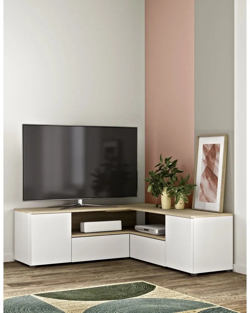 Biała szafka pod TV w dekorze dębu 130x46 cm Angle – TemaHome