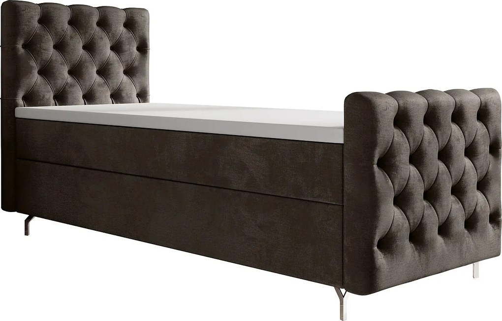 BEDANTE łóżko kontynentalne CHESTER PLUS 90x200 brązowy z materacem H3 i topperem łóżko z pojemnikiem, pojedyncze, hotelowe, do sypialni, ze schowkiem