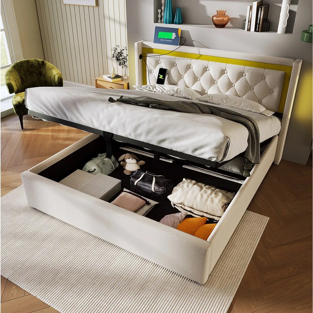 Łóżko z pojemnikiem 160x200 cm - Łóżko dla dorosłych z ładowarką USB i oświetleniem LED - Beżowy - Bawełna - Bez materaca