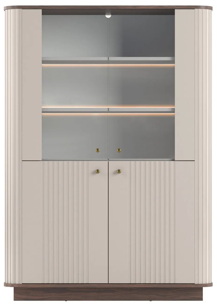 Witryna Vesper 103 cm czterodrzwiowa na cokole - kaszmir / orzech / złote uchwyty