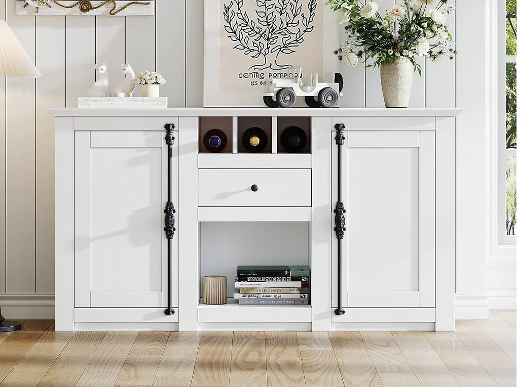 Buffet 130x35x70 cm - 2 drzwi i 1 szuflada - z stojakiem na wino - Półotwarta przestrzeń przechowawcza - design retro - Biały