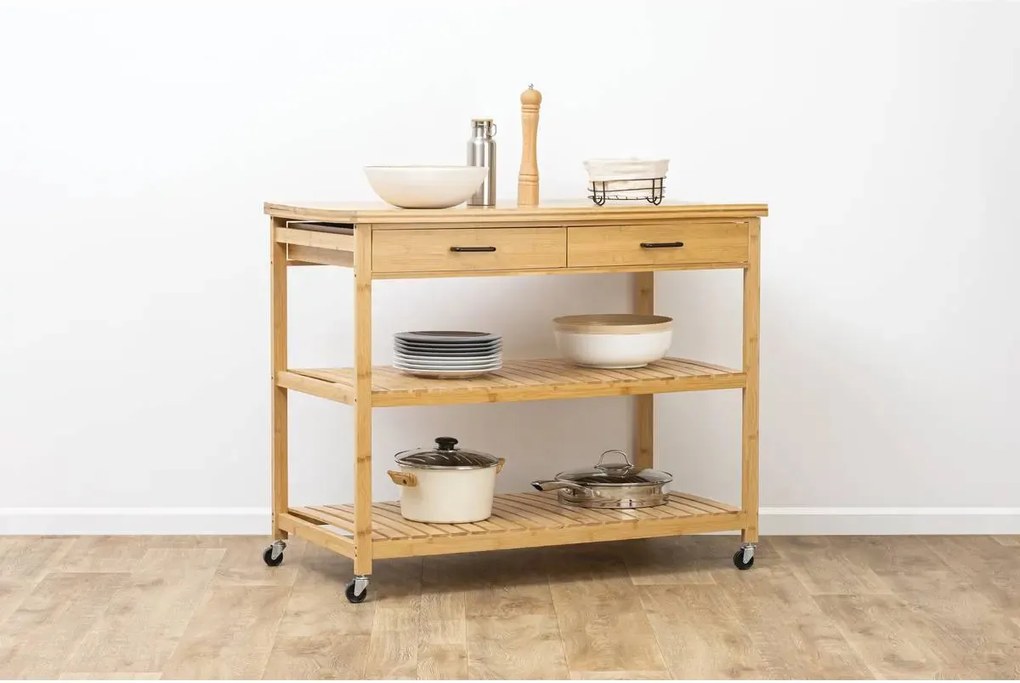 Wyspa kuchenna na kółkach, bambus, 108 x 60 x 90 cm