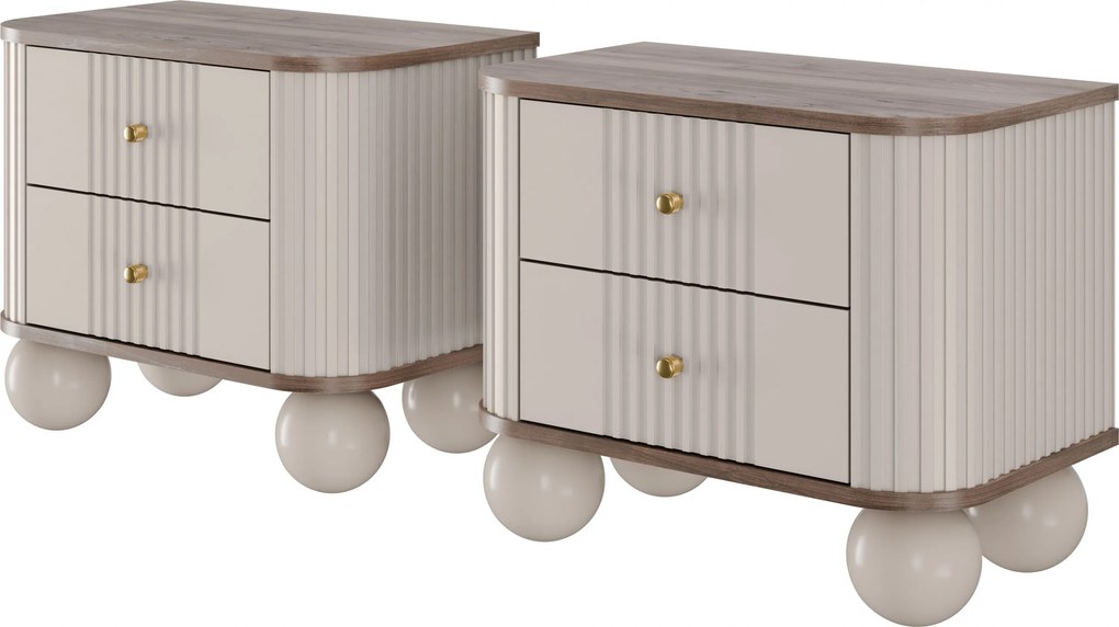 Zestaw szafek nocnych Vesper 56 cm - kaszmir / orzech / złote uchwyty / nogi kule