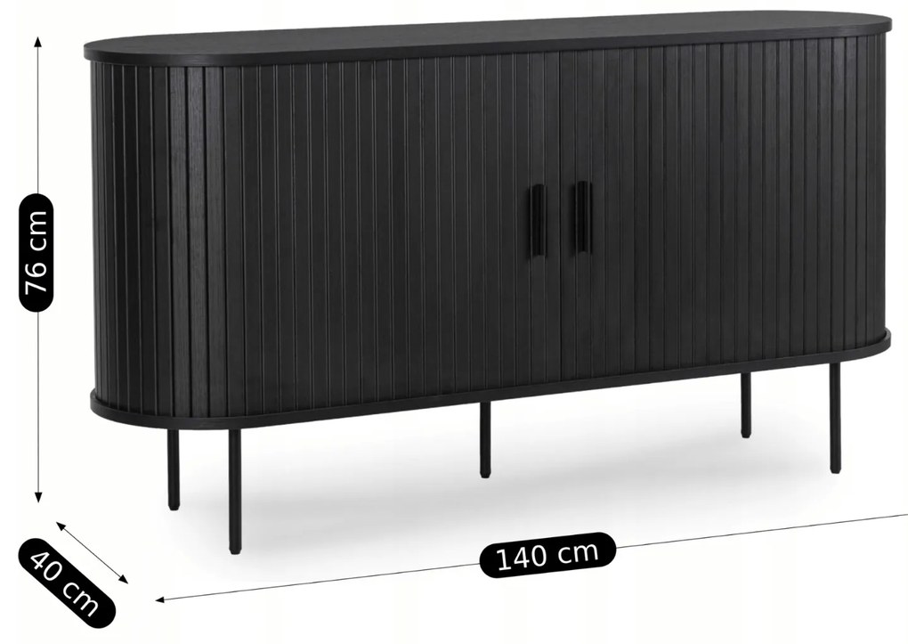 Komoda do Salonu Rozsuwana TRISH 140 cm Czarna Dwudrzwiowa Ryflowana Nowoczesna