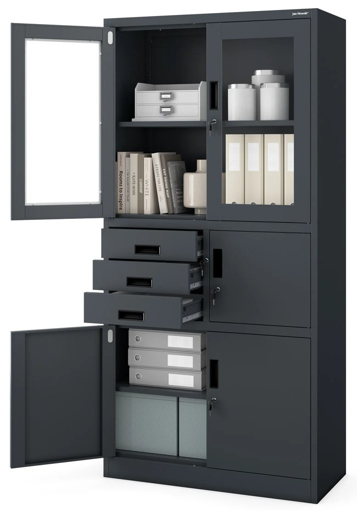 Biurowa szafa metalowa z sejfem na akta i dokumenty FILIP, 900 x 1850 x 400 mm, antracytowa