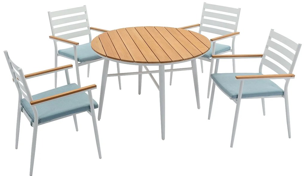 Zestaw mebli ogrodowych jadalnianych z drewna i aluminium: stół o śr. 110 cm i 4 fotele - Biały i naturalny jasny - MIAMI marki MYLIA