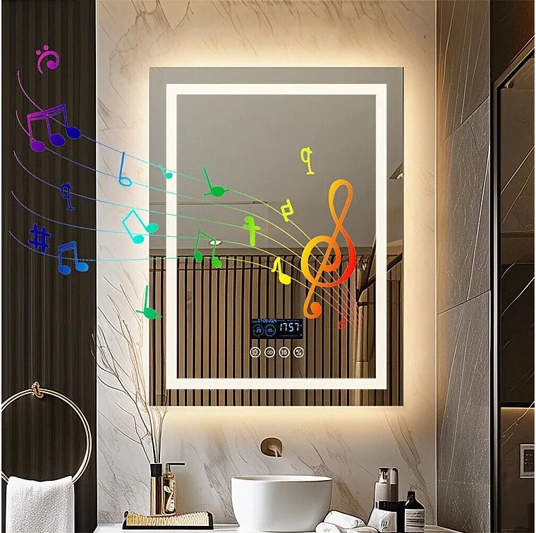 Prostokątne podświetlane lustro łazienkowe z przyciemnianymi diodami LED i 4 przyciskami dotykowymi - przeciwmgielne - 90x70cm