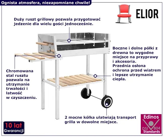 Grill węglowy srebrny na wózku z 2 półkami H1-P15
