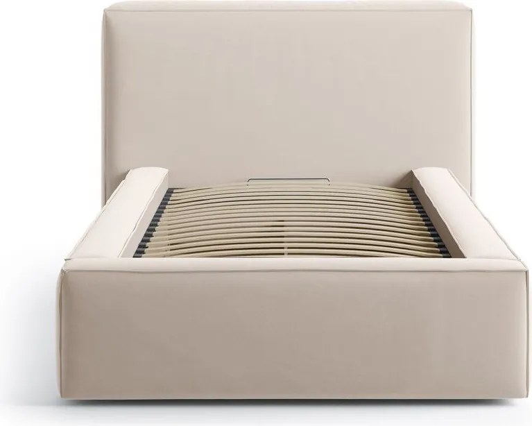 Beżowe tapicerowane łóżko jednoosobowe ze schowkiem i stelażem 90x200 cm Jodie – Micadoni