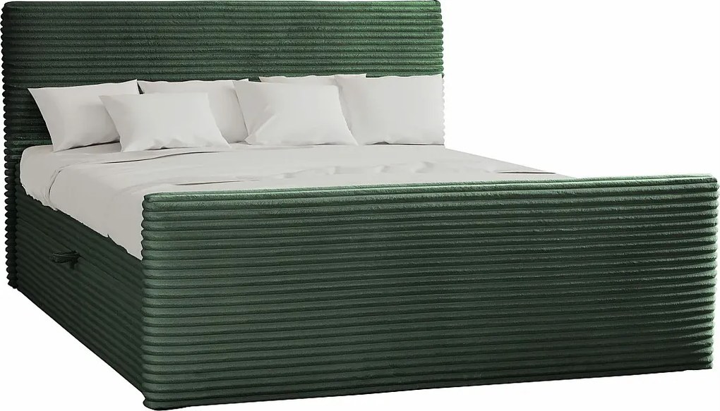 Łóżko kontynentalne z pojemnikiem i topperem TRENTO, pluszowy sztruks VELO, 120x200 cm, Zielony, H3-Bonell
