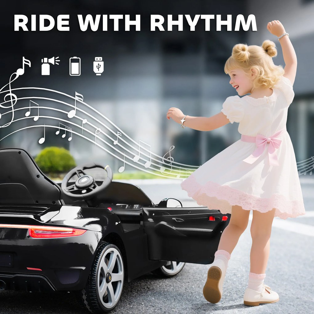 AIYAPLAY Elektryczny samochód dla dzieci 12V z pilotem, muzyką i pasem bezpieczeństwa — czarny