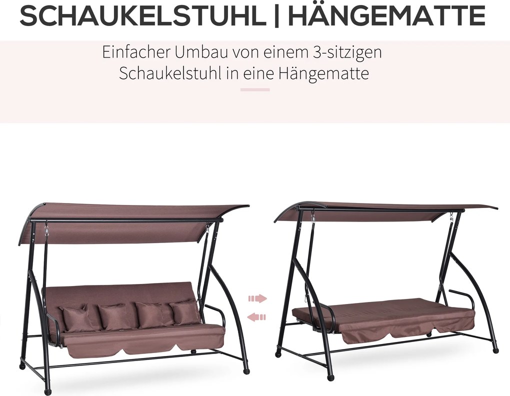 Outsunny Huśtawka Ogrodowa 3 Osobowa z Regulowanym Daszkiem Hamak Wiszący Brązowy Poliester 215x120x165cm | Aosom PL