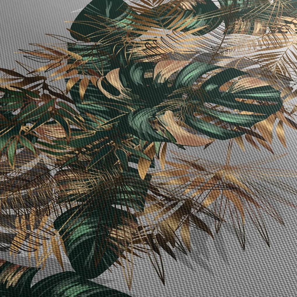 Obraz - Złoto - zielone tropikalne liście (z zegarem) (90x30 cm)