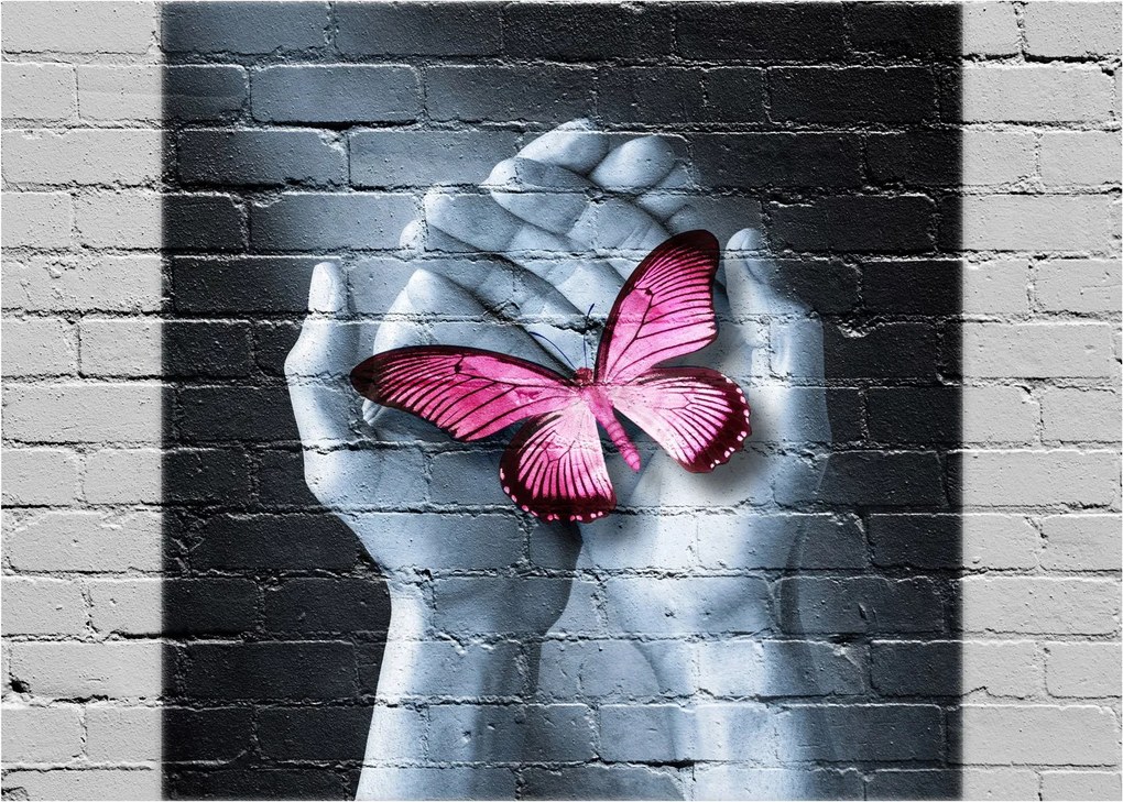 Obraz - Różowy motyl w ścianie (70x50 cm)