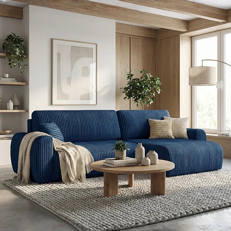 Stylowy narożnik rozkładany prawostronny  ARIEL L 250x142x87 cm w tkaninie Velo 88 granatowe