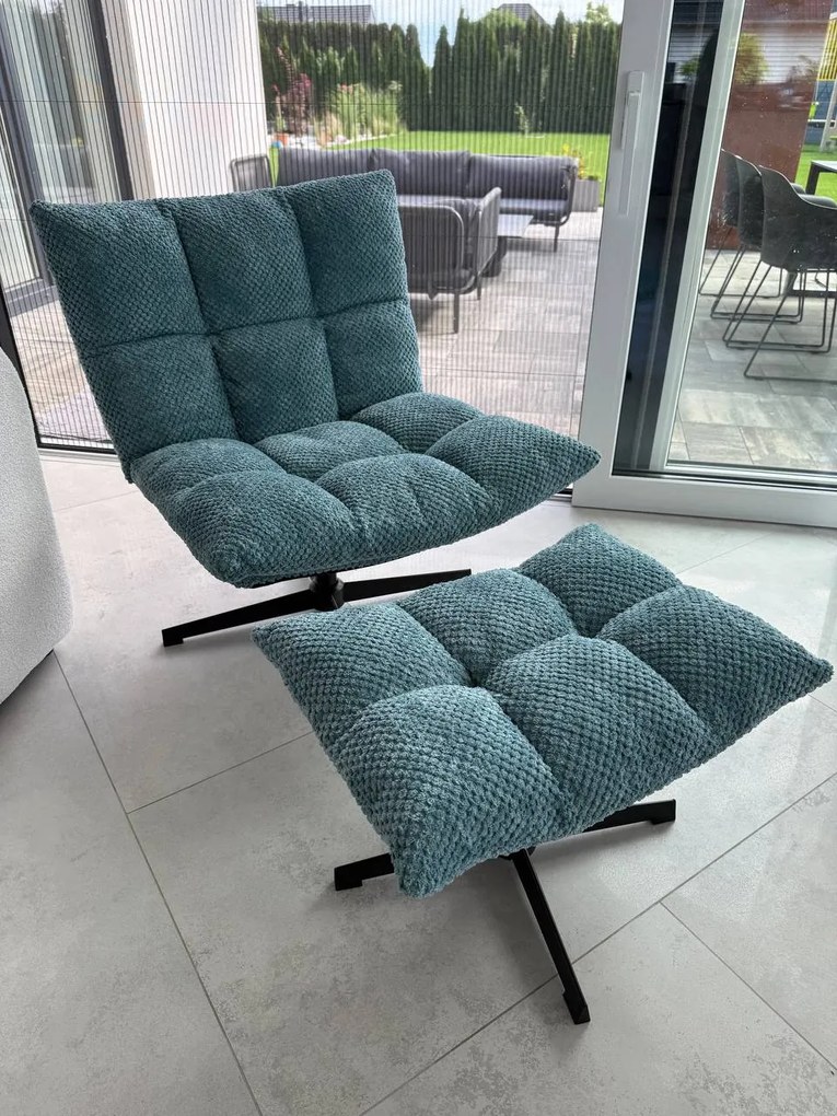 Fotel Obrotowy Wypoczynkowy do salonu niebieski, z podnóżkiem, FW12