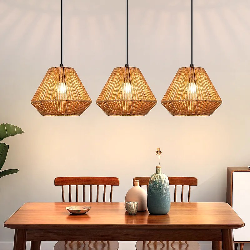 Lampa wisząca Nettlife Boho Rattan na stół jadalny – 3 żarówki E27, regulowana wysokość, styl retro, do salonu/sypialni (żarówki nie są dołączone)