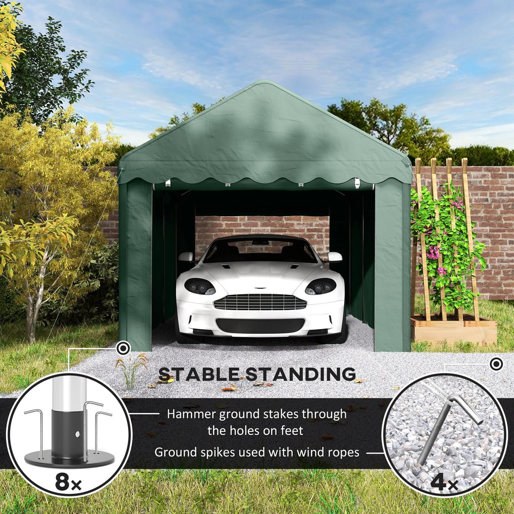 Outsunny Przenośny Carport 3x6 m, Schronienie dla pojazdów z 2 Wejściami, Dachem z Poliestru, dla Samochodów, Łodzi, Narzędzi Ogrodowych, Ciemnozielony