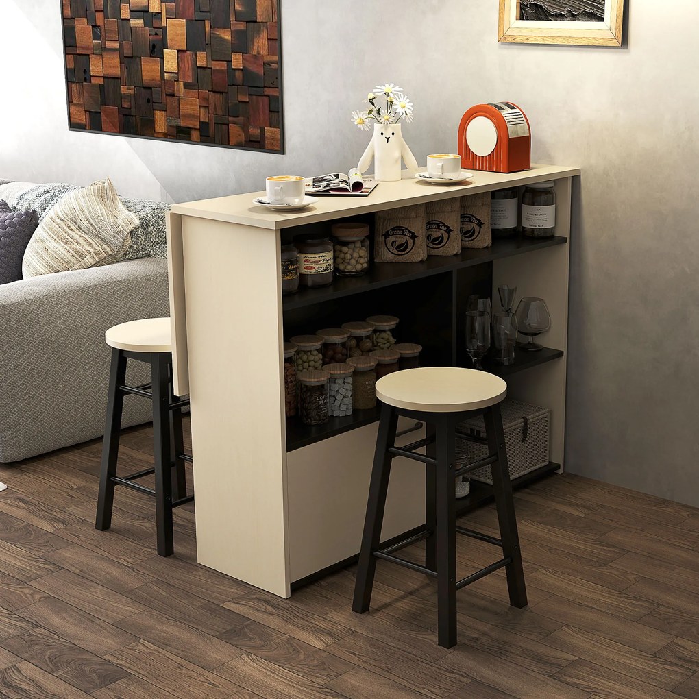 HOMCOM 3-cz. Zestaw Barowy, Bartisch ze Składanym Blatem, 2 Stołki Barowe, 6 Schowków, Czarny+Dąb, 116 x 70 x 89,5 cm