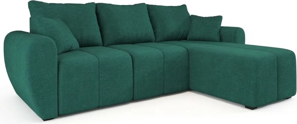 Rozkładana narożna sofa SEVIO 246x145 cm, butelkowozielona, uniwersalna + 2 poduszki GRATIS
