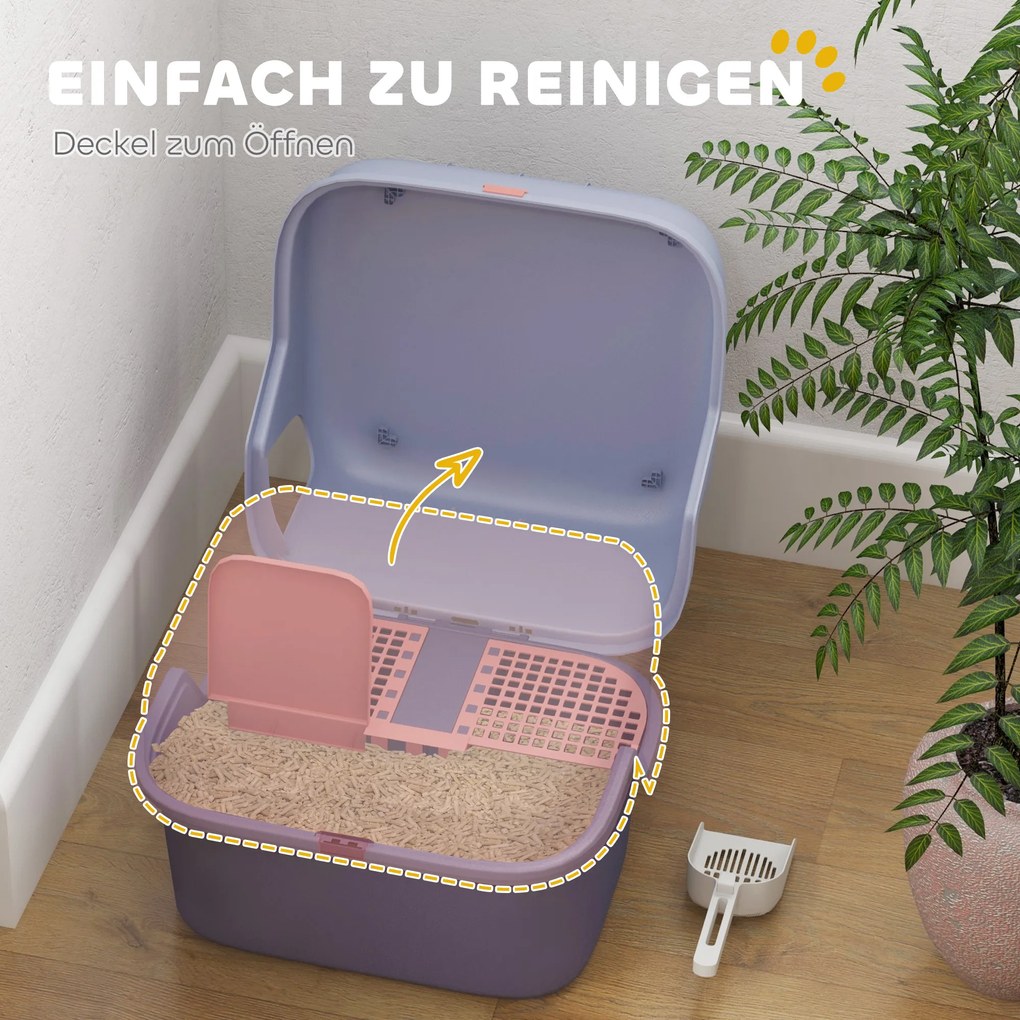 PawHut Kuweta dla kota z pokrywą i łopatką, łatwa w czyszczeniu, zamykana, Fioletowa