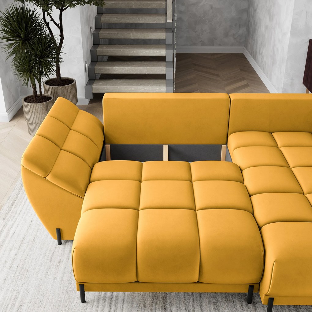 Masseno Narożnik VESTANO  z funkcją spania i pojemnikiem na pościel Narozniki L, Rozkładana sofa - Żółty, MATT VELVET 48