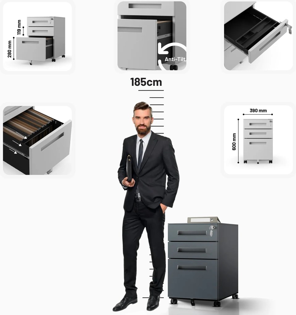 Kontenerek pod biurko KATE 390 x 600 x 500 mm, antracytowy