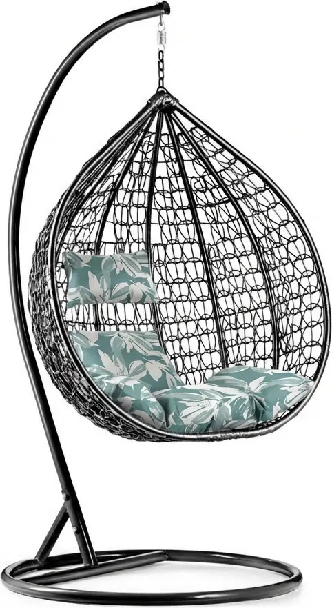 Czarne wiszące krzesło KOKON ze stojakiem, zielono-biała poduszka