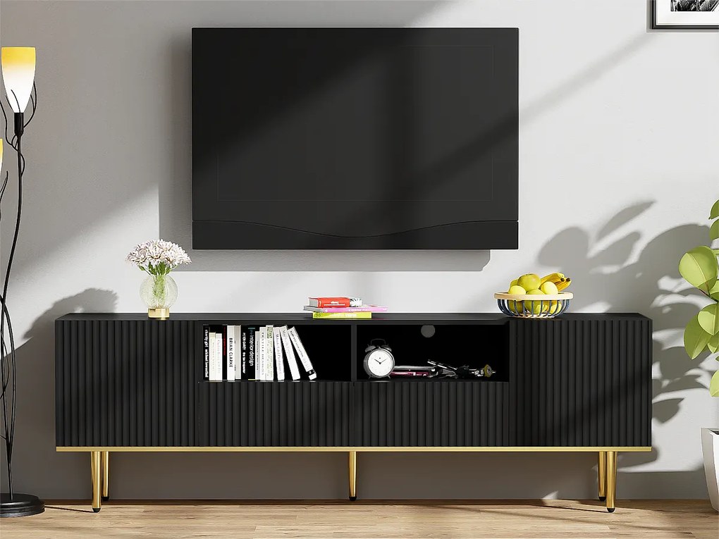 Nowoczesny mebel TV - z 2 drzwiami i 2 szufladami - metalowe nogi - czarny