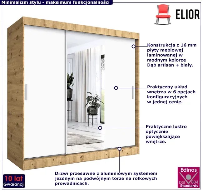 Szafa przesuwna dąb artisan + biały 200 cm - Massi 6X