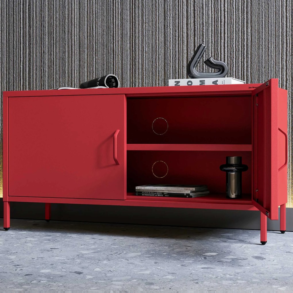 Szafka RTV metalowa na nóżkach czerwona, 1150x595x400 mm: ROSA Modern