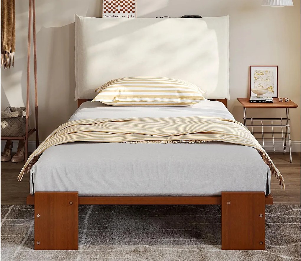 Łóżko pojedyncze 90x200cm - odpinany tapicerowany zagłówek - lite drewno + gąbka + sklejka - Brązowy​ (materac nie jest wliczony w cenę)