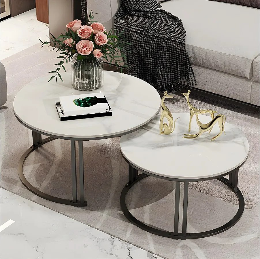 Zestaw 2 Okrągłych Stolików Kawowych w Stylu Gigogne z Efektem Marmuru i Metalową Ramą