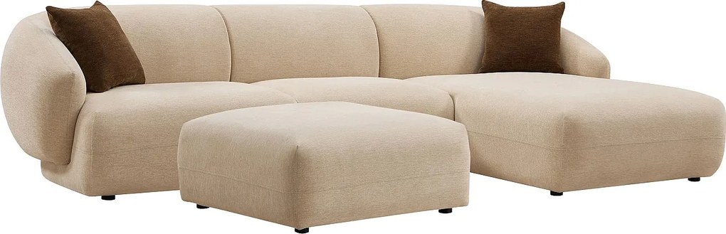 Kanapa narożna prawostronna z pufem z teksturowanej tkaniny w kolorze beżowym MIBASTO