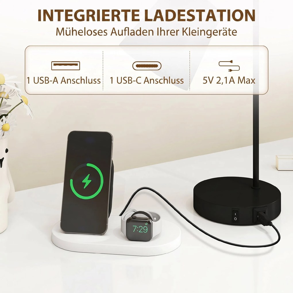 HOMCOM Zestaw lamp stołowych, 2 szt., Nowoczesne lampy z USB-A i USB-C do sypialni, salonu i biura, Czarny | Aosom PL