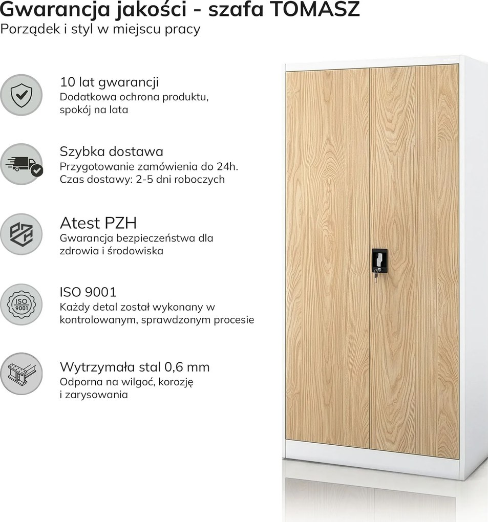 Szafa metalowa ze schowkiem biała/dąb sonoma, 900x1850x450 mm: TOMASZ Eco Design