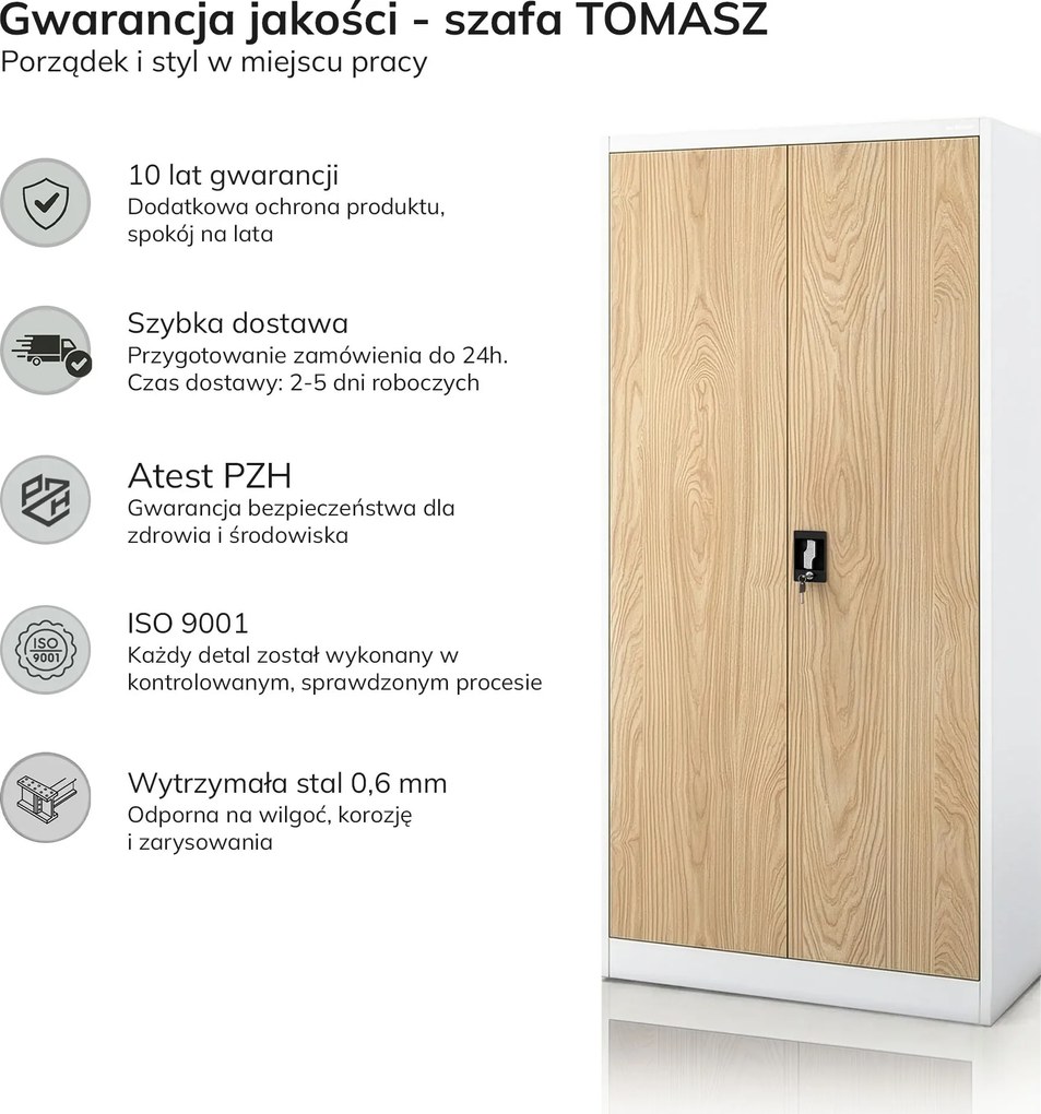 Szafa metalowa ze schowkiem biała / dąb sonoma: Eco Design TOMASZ, 900 x 1850 x 450 mm