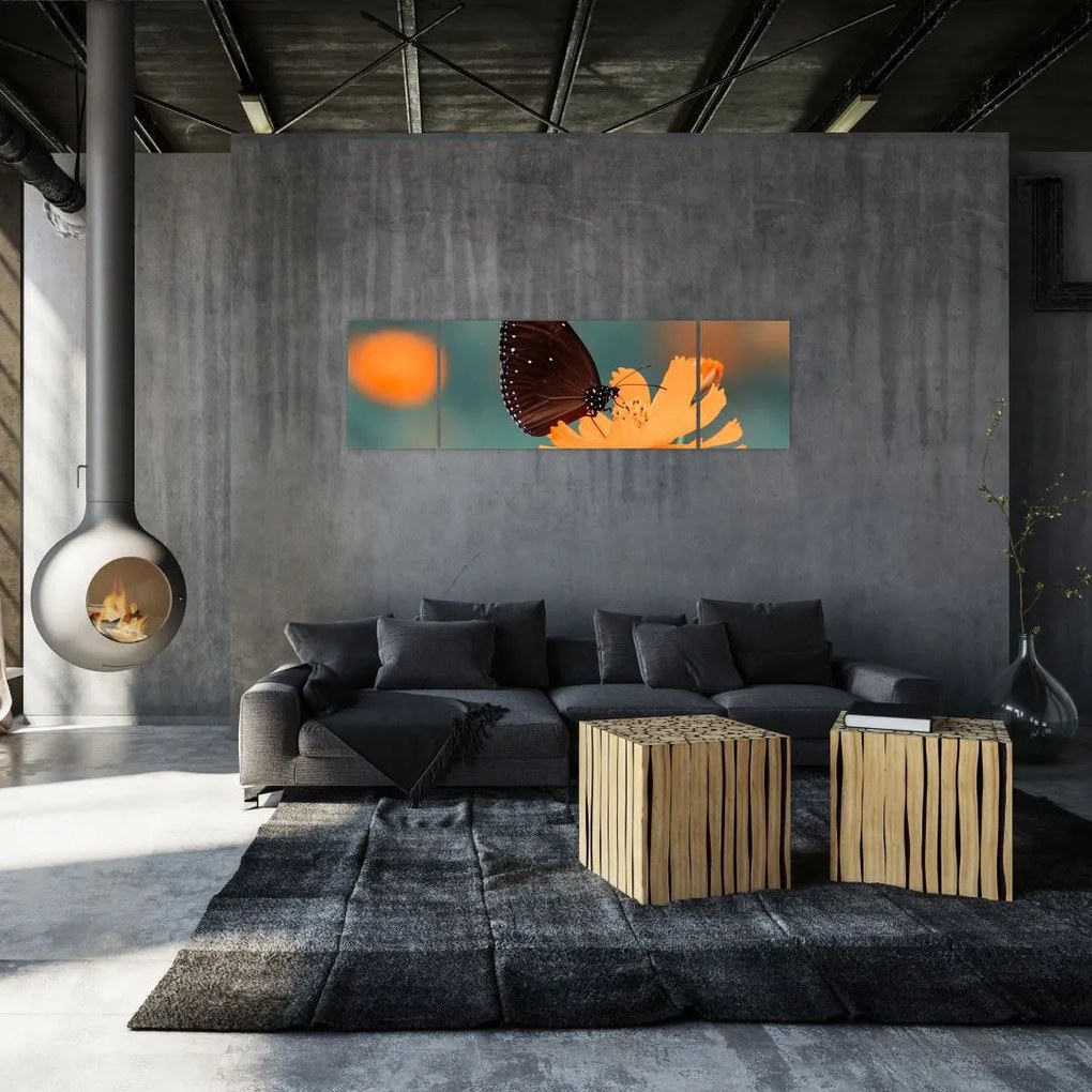 Obraz - motyl na pomarańczowym kwiatku (170x50 cm)