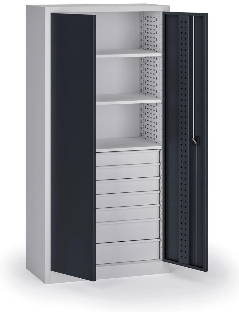 Szafa warsztatowa, 3 półki + 7 szuflad, 1950 × 950 × 500 mm, grafitowe drzwi