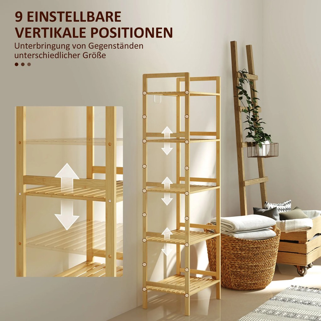Półka łazienkowa HOMCOM z bambusa, z 5 regulowanymi półkami, 43,5 x 31,5 x 142 cm, drewno naturalne