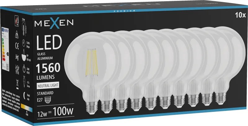 Mexen Vintis 10x żarówka filament LED E27, G125, 12W, Neutralna - 4000K, 1560 lm, clear - L158-E27-1240-00x10