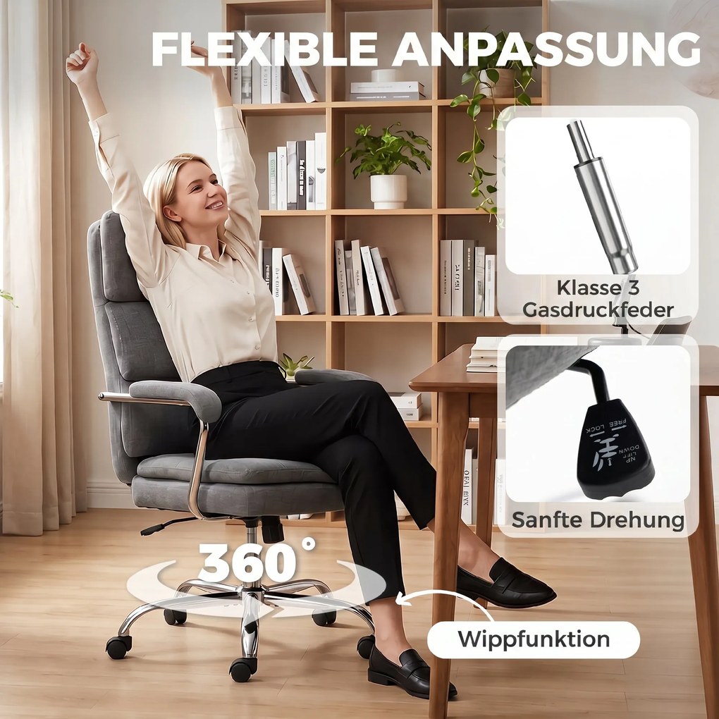 HOMCOM Krzesło do Home Office, regulowane wysokościowo, obrotowe 360° krzesło biurowe do pracy w domu, szare | Aosom PL