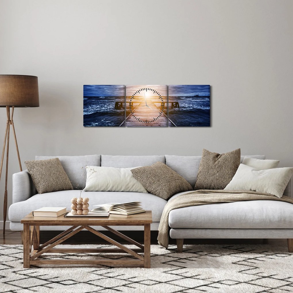Obraz molo ze słońcem (z zegarem) (90x30 cm)